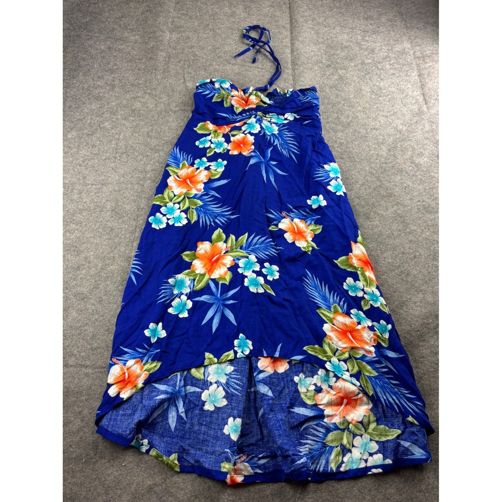 Tropical Group Hawaiian Floral Halter High Low Dress Blue Women 12 Boho Beach